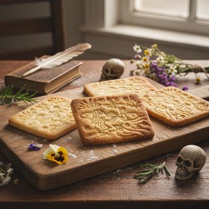 May include: Square-shaped cookies with intricate embossed designs, arranged on a wooden cutting board. The cookies are golden brown, and the designs appear to depict mythical figures. The scene includes a book, feather, flowers, and a skull, creating a whimsical, artistic presentation.