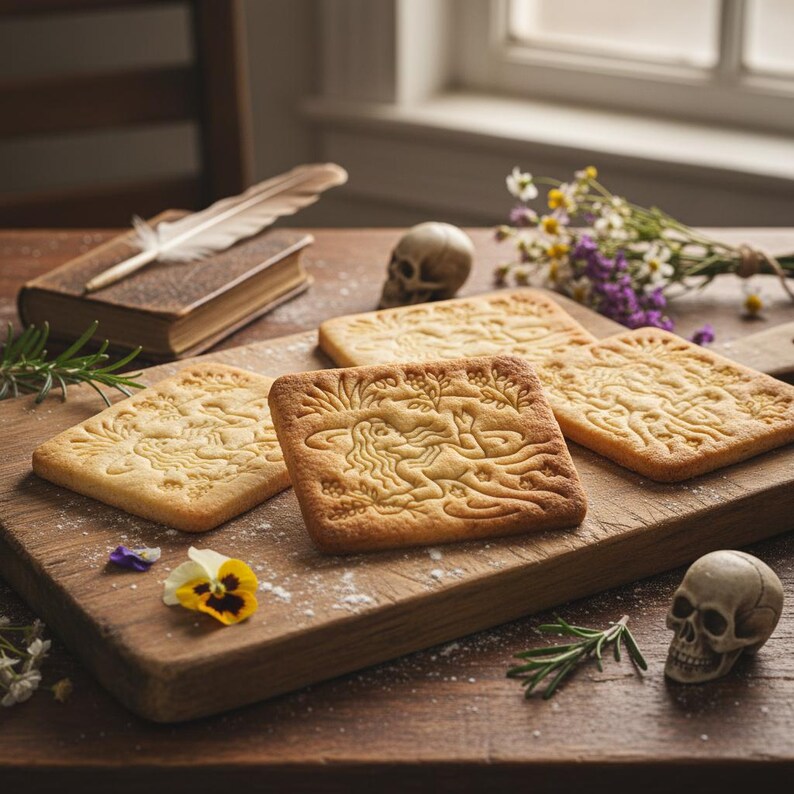 May include: Square-shaped cookies with intricate embossed designs, arranged on a wooden cutting board. The cookies are golden brown, and the designs appear to depict mythical figures. The scene includes a book, feather, flowers, and a skull, creating a whimsical, artistic presentation.