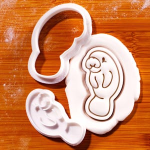 Peut inclure: Emporte-pièce en plastique blanc en forme de lamantin à côté d'un biscuit en forme de lamantin sur une surface en bois. L'emporte-pièce est en deux parties, une pour le contour et une pour les détails. Le biscuit est blanc avec des détails bruns.