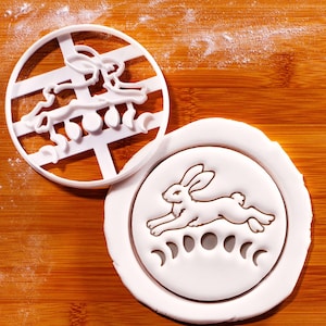 May include: White plastic cookie cutter with a rabbit design and a matching imprint in white dough. The cutter features a rabbit with a bow and hanging shapes. The imprint shows a rabbit and moon phases.