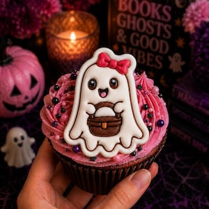 Könnte beinhalten: Ein Schokoladen-Cupcake mit rosa Zuckerguss, schwarzen und rosa Streuseln sowie einem weißen Keks in Geisterform. Der Keks hat eine rote Schleife, einen braunen Korb und ein lächelndes Gesicht. Der Cupcake steckt in einer dunkelbraunen Papierform.