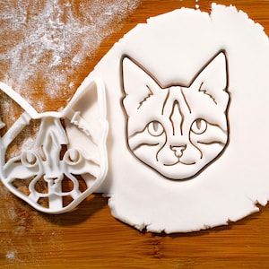 May include: A white plastic cat face cookie cutter next to a cat face pressed into white dough. The cat face is detailed with eyes, nose, and whiskers. The dough is on a wooden surface.