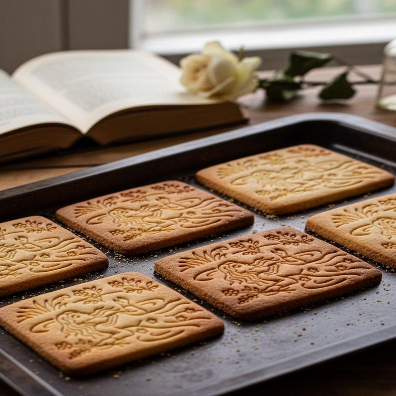 May include: A baking sheet holds six square, golden-brown cookies with intricate embossed designs. The cookies are arranged on a dark metal tray, with a blurred background featuring a book, a rose, and a window.