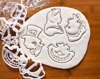 Alice Adventures in Wonderland Characters Cookie Cutters - Alice Kingsley, Mad Hatter, White Rabbit, Cheshire