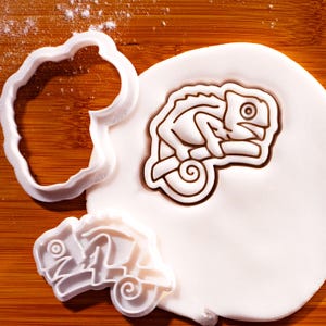 May include: A white plastic chameleon-shaped cookie cutter and a matching impression stamp. One cutter is shown pressing into a flat piece of white dough, creating a detailed outline of a chameleon perched on a branch with a curled tail.