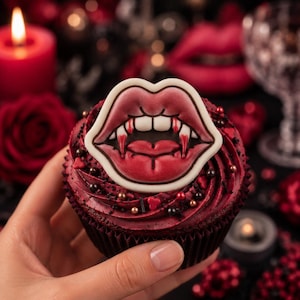 May include: A dark red cupcake topped with a large, flat, edible decoration shaped like a pair of lips with sharp vampire fangs. The cupcake is frosted with deep red icing and decorated with small, dark-colored heart and round sprinkles.