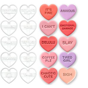 Unhinged & Relatable Mood Cookie Cutters – Conversation Heart Designs for Self-Care package Treats