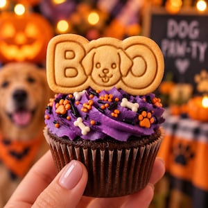 May include: A chocolate cupcake topped with purple frosting, orange paw print sprinkles, white bone-shaped sprinkles, and black jimmies. A tan cookie shaped like the word BOO with a dog face replacing the letter O sits on top of the frosting.