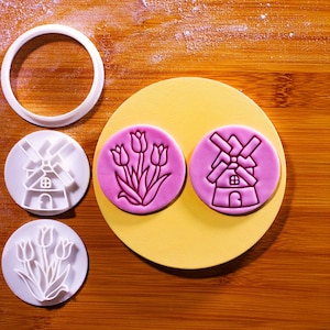 Tulip & Windmill Cookie Cutter + Stamp Set (Mini 2" Size) - Spring Baking