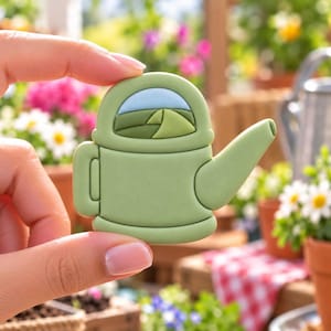 May include: A light green watering can shaped cookie with a smooth matte finish. The center features a light blue sky above a rolling green landscape design. The object has a rounded handle on the left and a pointed spout on the right side.