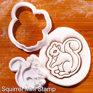 Könnte beinhalten: Ein weißes, kunststoffbeschichtetes Eichhörnchen-Ausstecher- und Stempelset. Der Stempel hat ein detailliertes Eichhörnchen-Design, das in weißen Fondant gepresst wurde. Der Text "Squirrel Mini Stamp" befindet sich am unteren Rand des Bildes. Holzuntergrund.