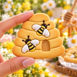 K&ouml;nnte beinhalten: Ein hell goldbrauner, bienenstockf&ouml;rmiger Keks, verziert mit zwei Zuckergussbienen mit gelb-schwarz gestreiften K&ouml;rpern und wei&szlig;en Fl&uuml;geln. Der Keks hat eine kleine bogenf&ouml;rmige Aussparung an der Basis, die den Eingang darstellt.