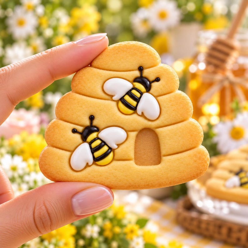 K&ouml;nnte beinhalten: Ein hell goldbrauner, bienenstockf&ouml;rmiger Keks, verziert mit zwei Zuckergussbienen mit gelb-schwarz gestreiften K&ouml;rpern und wei&szlig;en Fl&uuml;geln. Der Keks hat eine kleine bogenf&ouml;rmige Aussparung an der Basis, die den Eingang darstellt.