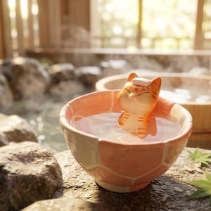 May include: A ceramic bowl with a pink and white geometric pattern holds clear water, with a small orange and white cat figurine inside. The cat is wearing a white towel on its head. The bowl sits on a stone surface, with a wooden tub in the background.