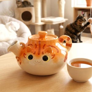 Handgemaakte Orange Cyperse Cat-theepot - Japans keramisch aardewerk, 400 ml