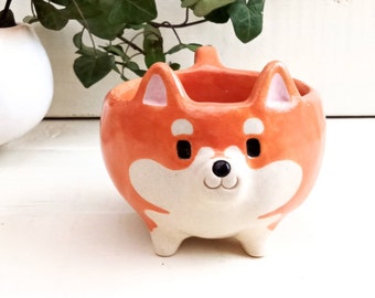 Small orange shibainu flower pot Glazed poterry suculents pot Dog lovers gift Japan