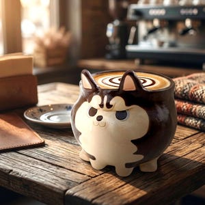 Könnte beinhalten: Eine Kaffeetasse aus Keramik in Form eines Husky-Hundes, gefüllt mit Kaffee und Latte Art. Die Tasse ist braun und weiß, mit einem cartoonartigen Design. Sie steht auf einem Holztisch, neben einer Untertasse und einem Leder-Serviettenhalter.