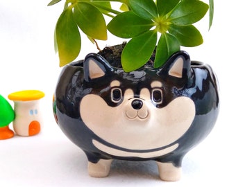 Black Shiba inu flower pot 3.5" Funny ceramic Dog lovers gift Japanese handmade