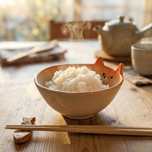 May include: A bowl of white rice with steam rising, set on a wooden table. The bowl has orange fox-like ears. Chopsticks rest on a wooden fish-shaped rest. A teapot and teacup are in the background.