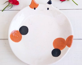 Calico cat plate 6.4" Pottery mike neko Japan Handmade cat lovers gift