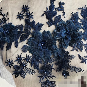 Navy Blue 3D Beaded Pearl Floral Lace Appliques Delicate Wedding Trim Embroidery Tulle Collar Wedding Bodice Veil Accessories S0692