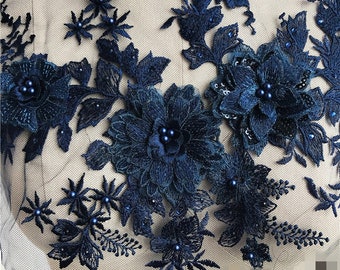 Navy Blue 3D Floral Lace Applique, Beaded Pearl Wedding Trim S0692 Tulle Gauze Bridal gown wedding lace bridal veil