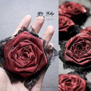 Vinröda 3D-rosblommor (6 cm) vinröd brudhuvudbonad corsage brudblomma tyll gasbinda brudklänning bröllopsslöja med spetsapplikation A134
