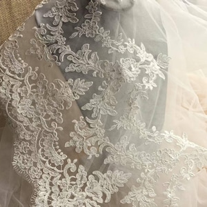 May include: White lace fabric with a delicate floral pattern. The lace is on a sheer tulle background.