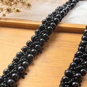 Black Beaded Lace Trim Rhinestone Pearl Lace Trim For Wedding Costume Bridal Belt Dress Sash Jewelry Accessory 0.78 Inch Wide 1 Yard S060