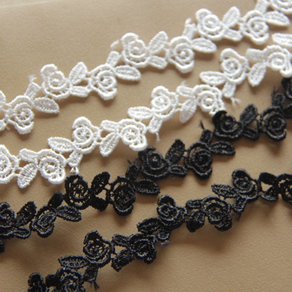White / Black Venice Rose Floral Rayon Lace Trim Embroidery Tulle Lace Trim Accessory 1cm Wide L0497