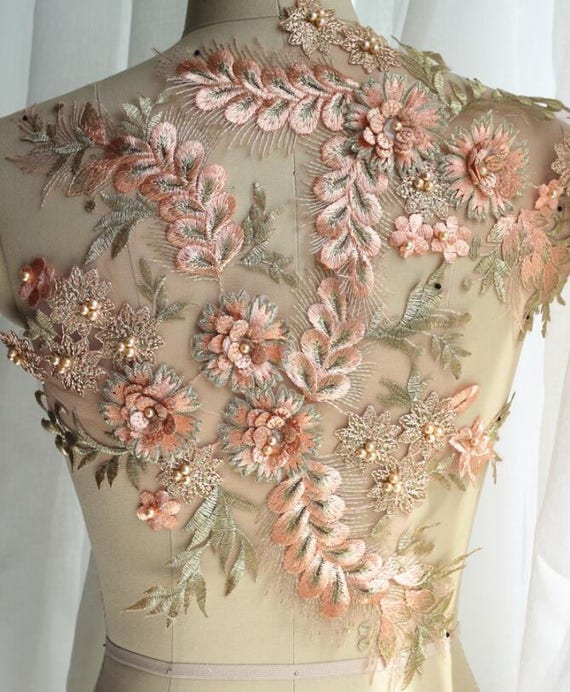 3D Beaded Flower Lace Applique, Dust Pink Embroidery S0641 Tulle Gauze Bridal gown wedding lace bridal veil