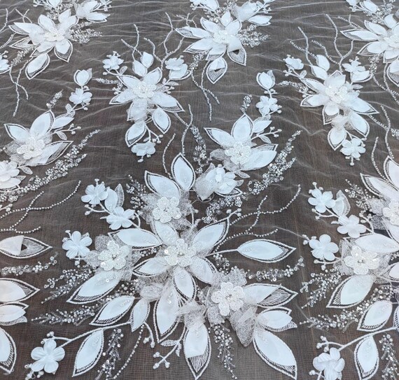1 Yard 3D Beaded Leaf Floral With Sequins Ivory Floral Lace  display picture 2