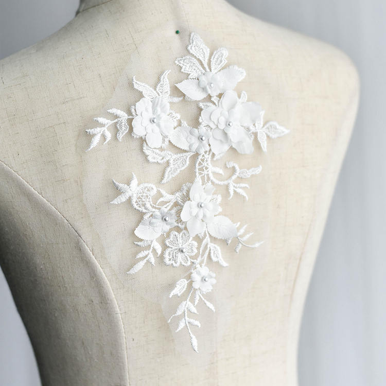 Patches For Clothes 3D Embroidery Flower Lace Bridal Applique Beaded Pearl Tulle Trims Wedding Lace Fabric - Foto 2