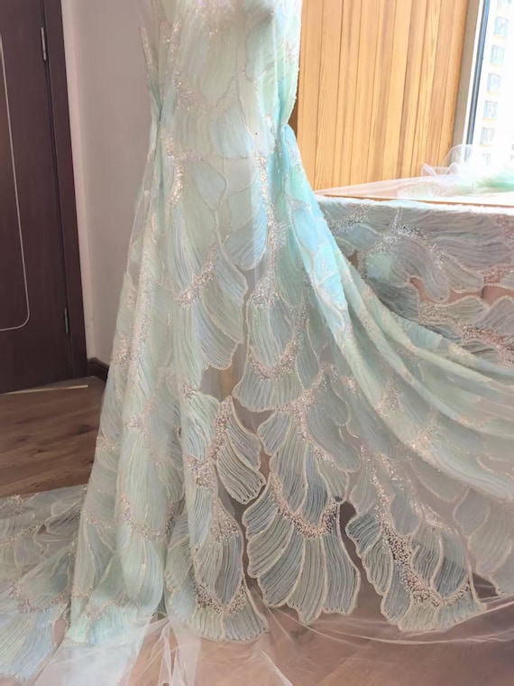 Mint Green Beaded Lace Fabric, Floral Coral Sequins, 47" Bridal Tulle X0807  Tulle Gauze Bridal Gown Wedding Lace Bridal Veil - Etsy