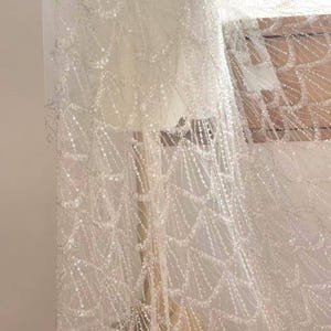 May include: A sheer white fabric featuring an intricate, repeating scalloped pattern embroidered with silver thread and embellished with small, reflective sequins that create a shimmering, textured surface across the entire length of the material.