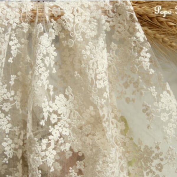 Ivoire Coton Floral Dentelle Tissu De Mariage De Mariée Brodé Tulle Tissu Voile Dentelle Rideau Vêtements Tissu 51 '' Large 1 Yard B059