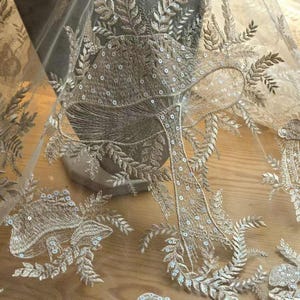 Champagne 3D Beaded Mushroom with sequins Geometric couture lace Fabric Wedding Dress Bridal veil Wedding Gown Lace Fabric 59" 1 Yard H0801