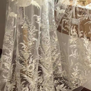 Tissu dentelle florale brodé oiseau blanc cassé, voile de mariée gaze (51" de large) S0863 Tulle gaze robe de mariée dentelle de mariée voile de mariée