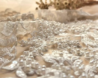 Beaded Lace Applique, Ivory Blossom Embroidery, Wedding Gown Bodice X0696 Tulle Gauze Bridal gown wedding lace bridal veil