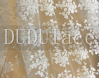 Ivory Floral Lace Cotton Fabric Embroidered Fabric Tulle Wedding Dress Costume Fabric Curtain Crocheted Gown  47'' Wide 1 Yard S0198