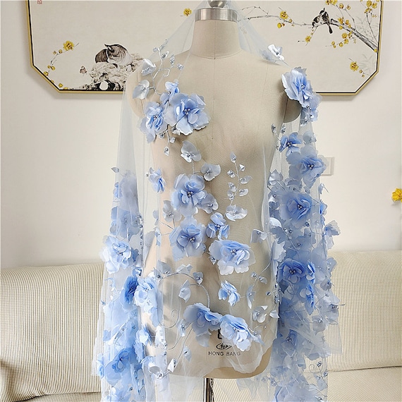 Blue 3D Floral Lace Fabric, Embroidered Bridal Tulle (59