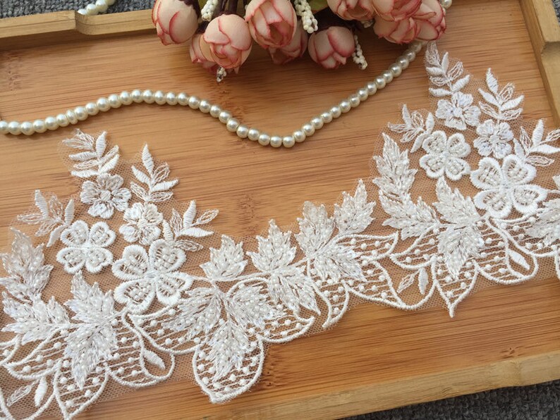 Ivory Floral Beaded Lace Trim Bridal Veil Trim Bridal Wedding Etsy