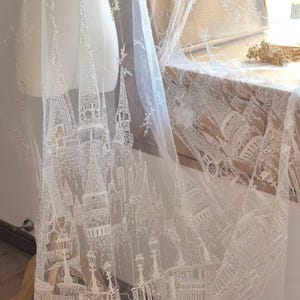 3D Embroidered Castle Lace Fabric: Ivory Tulle with Sequins, Wedding Dress Veil Wedding Tulle Bridal gown wedding lace Bridal Veil H0593