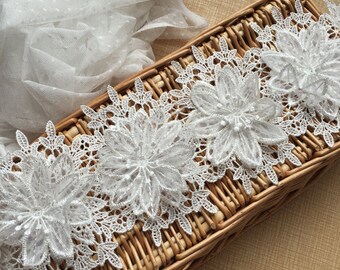 Ivory Floral Lace Trim Embroidery 3D Flower Lace Trim 4.92" Wide 1 Yard S0210