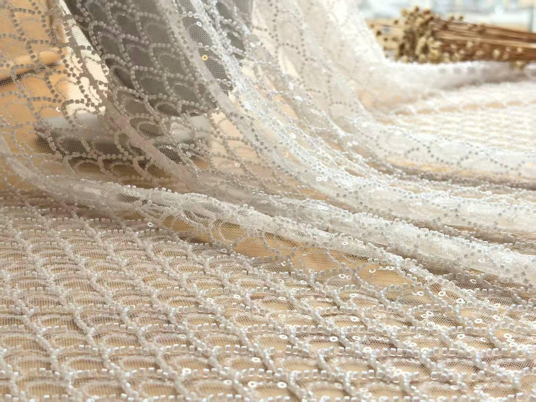 3D Mermaid Scale Lace Fabric: Beaded Pearl Sequins, 53'' Wide X0302 ...