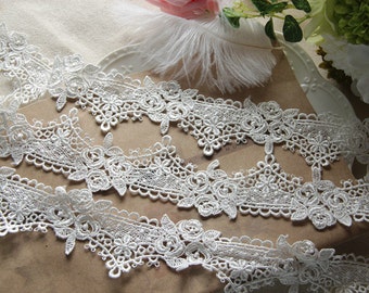 White Rose Floral Lace Trim Embroidered Floral Lace Trim  1.96 Inch Wide 2 Yards L0407