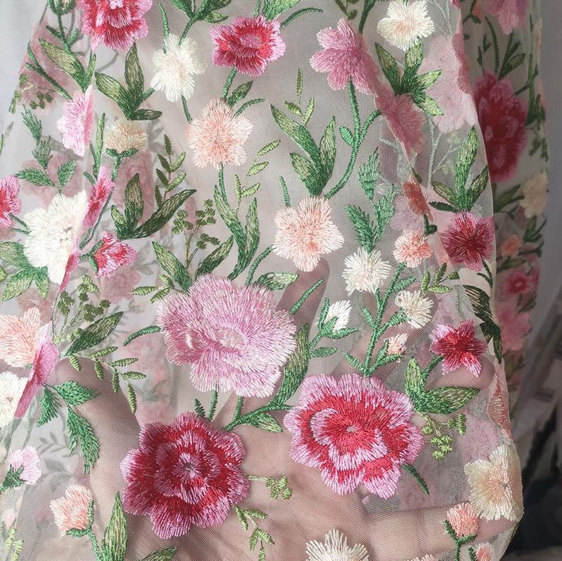 Colorful Floral Lace Fabric Full Embroidered Tulle Wedding Dress Bridal