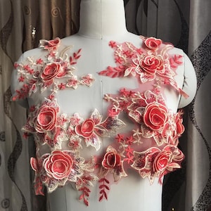 Red 3D Floral Lace Paillettes Bridal Gown Lace Applique Embroidery Patches Trim Collar Wedding Bodice Bridal Gown veil Hem Accessories S0660