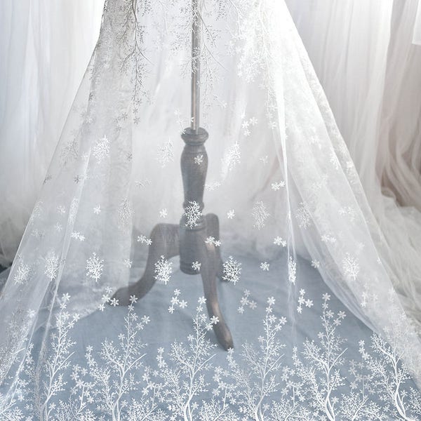 off white Snowflaker Tree Lace Fabric Embroidered Tulle Wedding Dress Bridal Veil Lace Curtain Fabric 51'' Wide 1 Yard S0617