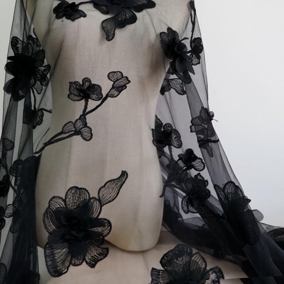 1 Yard Black/Gray/off white 3D Blossom Floral Embroidery Lace Fabric Tulle Wedding Dress wedding Lace back Fabric Bridal veil lace 51" X0539
